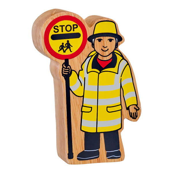 Holzfigur Schülerlotse mit Schild (britisch) bedruckt