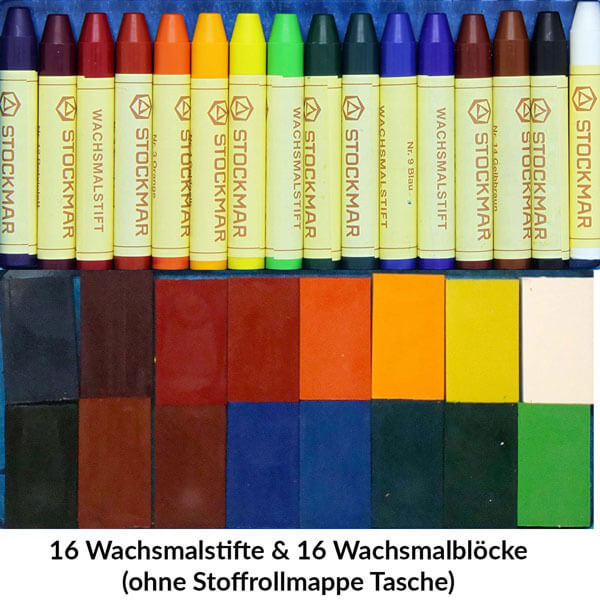 Wachsmastifte & Blöcke von Stockmar (ohne Mäppchen) 16 Wachsmalstifte & 16 Wachsmalblöcke, wasserfest, papergewickelt, aus Bienenwachs