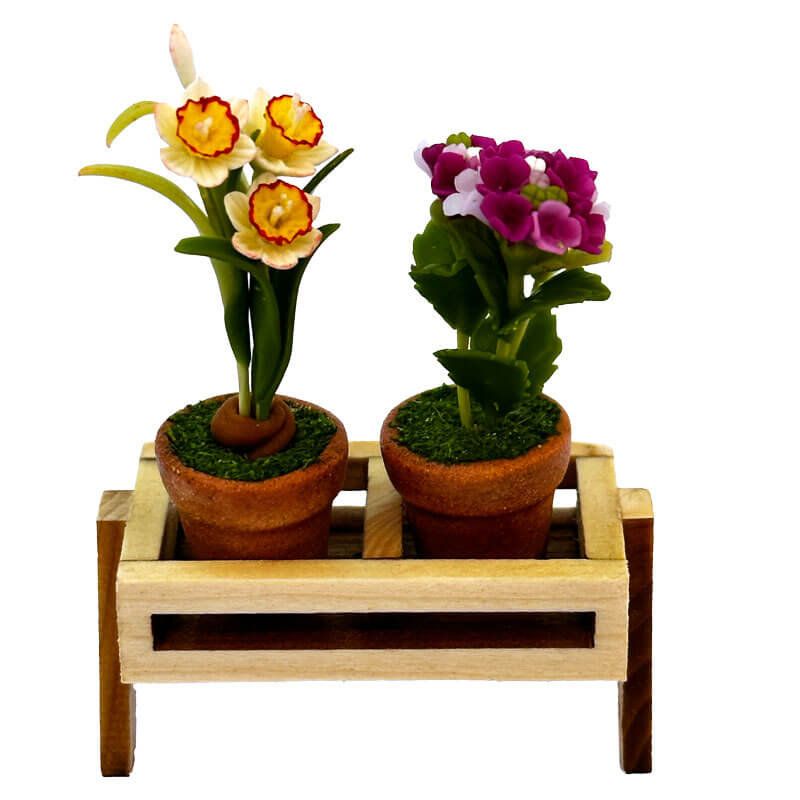 Puppenhausaccessoire Blumentopf Set mit Blumenkiste aus Holz