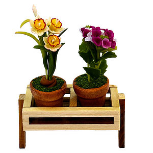 Puppenhausaccessoire Blumentopf Set mit Blumenkiste aus Holz