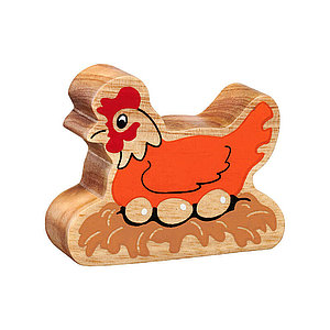 Holztier orangefarbene Henne auf einem Nest